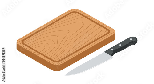 Kitchen preparation tools including wooden cutting board and sharp chef knife for culinary tasks and food processing in restaurant setting.