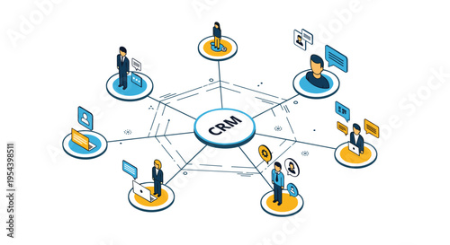 Customer relationship management network showing CRM hub connected to diverse group of people for effective communication and sales.