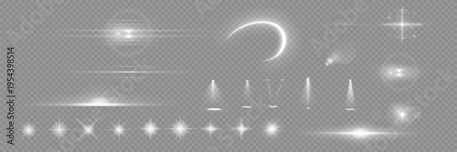 Various light effects on a transparent background. They have the form of symmetrical rays, reminiscent of twinkling stars. For decorating dynamic scenes or adding movement.