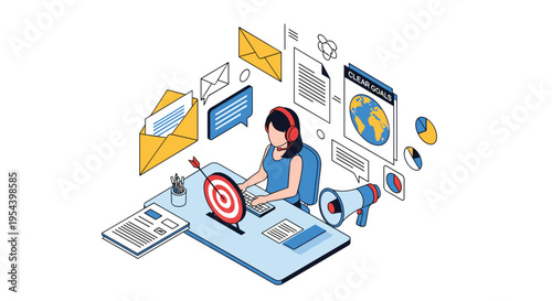 Freelance worker provides remote customer support services while surrounded by colorful digital communication and marketing icons.