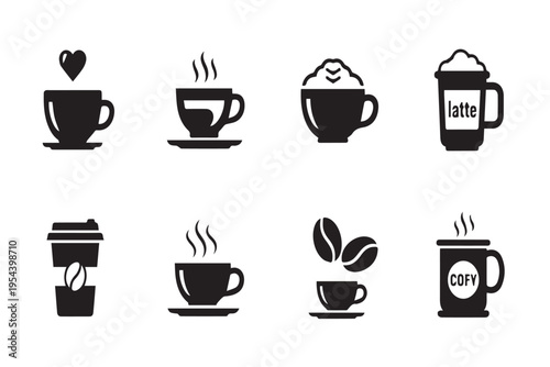 Stylish coffee icon collection featuring coffee cups, beans, takeaway cups, and hot drink symbols. Perfect for café branding, restaurant menus, beverage advertising, and social media designs.