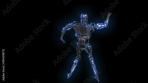 Dancing two robots on a metal background. Seamless loop 3d render