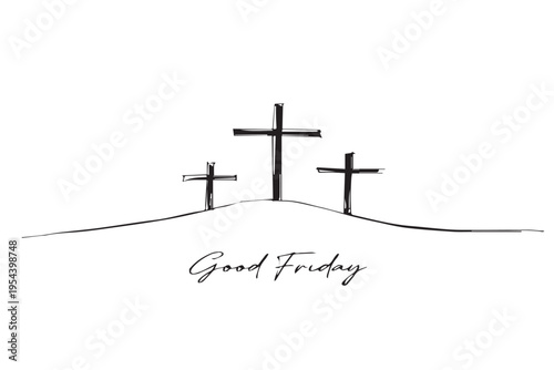 Clean and modern crosses on a hill symbolizing the crucifixion story perfect for Christian media, worship materials, and inspirational faith graphics.