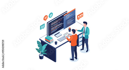 Software developers work together at a desk with multiple monitors displaying lines of code and various connectivity icons.