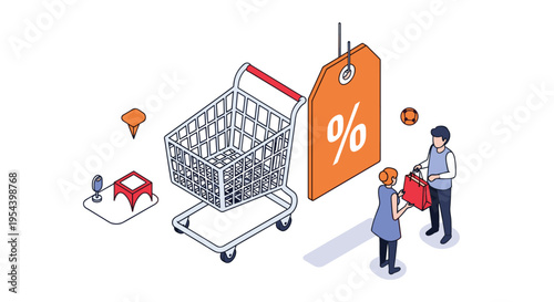 Retail shopping and seasonal discounts are illustrated with a large shopping cart, discount tag, and people with bags.