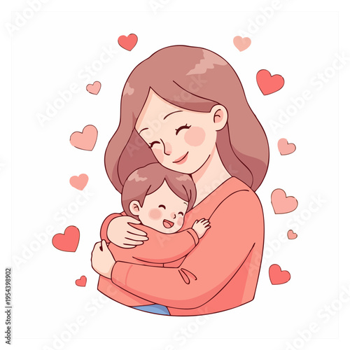 A woman tenderly hugs a baby surrounded by hearts
