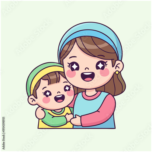A mother and child wearing colorful headbands and smiling together indoors.