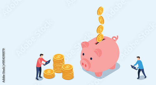 Savings and investment strategy is illustrated with people adding gold coins to a large pink piggy bank.