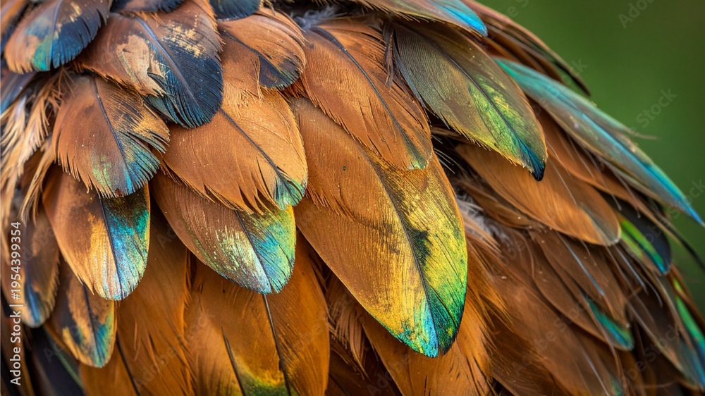 Fototapeta premium Macro bird feathers. Iridescence texture. Emerald green gold teal plumage. Organic pattern nature background. Tactile surface design. Wildlife macro photography. Biophilic aesthetic 2026 visual