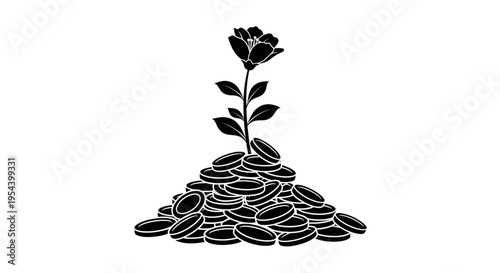 silhouette icon of a flower growing from a pile of coins representing financial growth