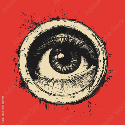 Vintage drawing human eye look through peephole on red BG , vector style simple color