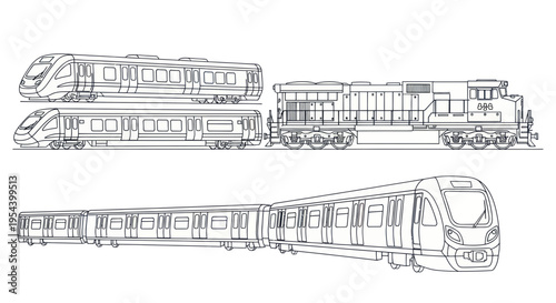 Modern Train and Locomotive Line Art Illustrations