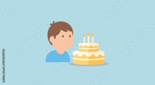 Cartoon Boy Looking at Birthday Cake.