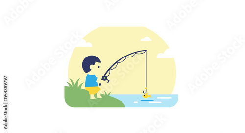 Boy Fishing with Rod by Water.