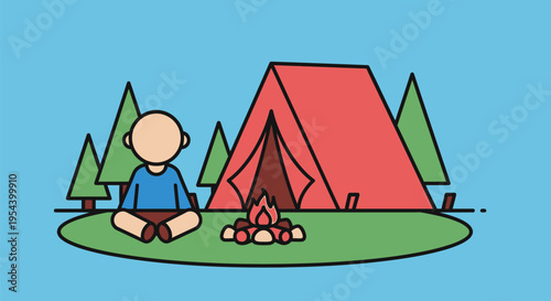 Cartoon Man Sitting Near Tent Illustration.