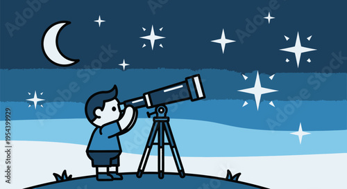 Child Looking Through Telescope At Night Sky.