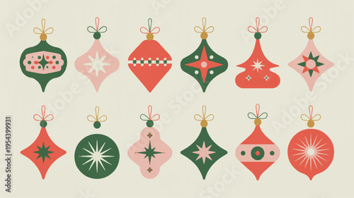 A Festive Collection of Vintage Geometric Christmas Ornaments in Pink and Green Hues