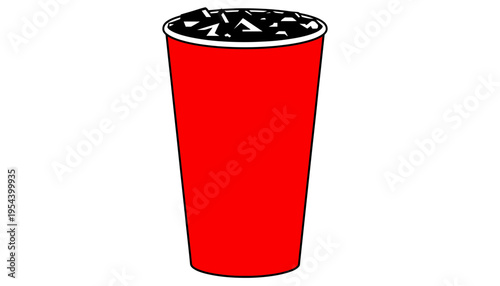 A red disposable cup filled with ice on a white background