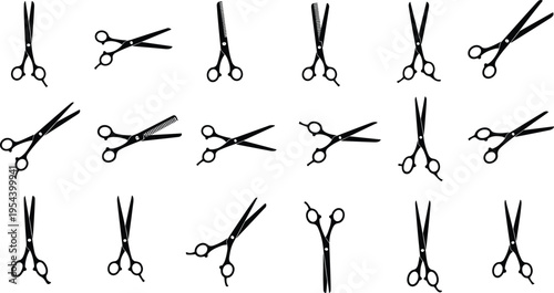 Hairdressing scissors line icons set with barber shears different positions outline vector illustration
