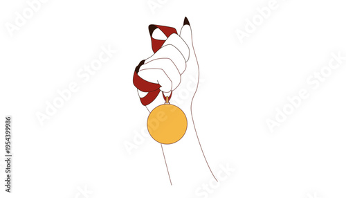 A hand holding a gold medal and red ribbon tightly in a fist