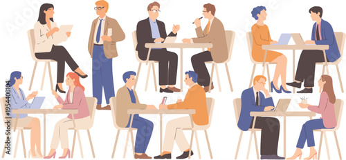 Flat vector illustration of business people working in office cafe co-working space meeting talking and using laptops isolated on white background for corporate landing page design.