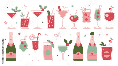 A vibrant digital illustration of a charming collection of festive holiday cocktails and sparkling champagne bottles, ideal for Christmas and New Year's celebrations