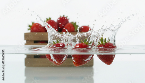 Dynamic Splash: Fresh Ripe Strawberries Dropping into Clear Water with Splashes and Bubbles, Refreshing Summer Fruit
