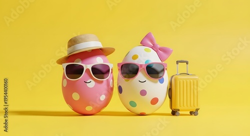 Easter eggs on easter vacation with sunglasses and suitcase