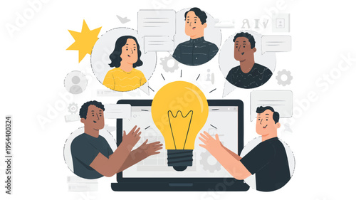 Creative collaboration of a diverse business team brainstorming new ideas online, with a prominent lightbulb symbolizing innovation and digital communication