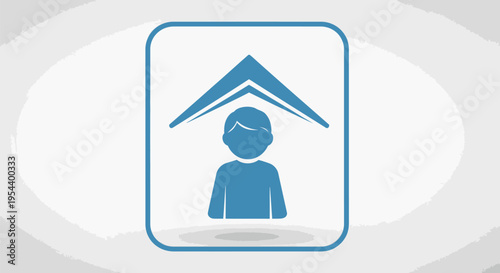 Blue icon of a person under roof.
