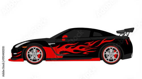 Side profile of a black sports car with vibrant red flame decals and custom red accents on a white background.