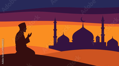 Silhouette of a Muslim man kneeling in prayer before a mosque at sunset, depicting devotion and Islamic spirituality.