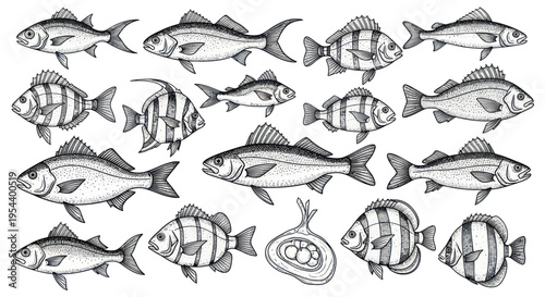 Collection of Hand-Drawn Fish and Seafood Illustrations