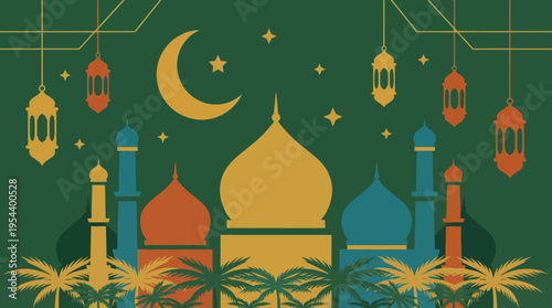 Vibrant illustration of a mosque with minarets, crescent moon, stars, lanterns, and palm trees against a green sky, depicting an Islamic celebration.