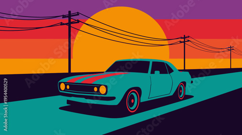 Retro synthwave illustration of a classic teal muscle car driving on a road at sunset with power lines and a vibrant gradient sky.