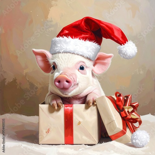 A piglet wearing a Santa hat peeking out from behind gifts