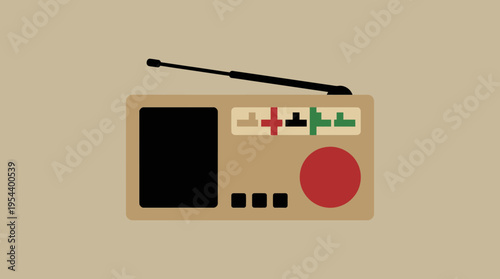 A minimalist illustration of a vintage portable radio with an antenna, speaker, and colorful controls on a plain background.