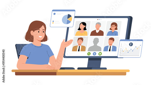 Dedicated professional conducting a virtual business meeting with a team, showcasing data analysis charts, symbolizing effective online collaboration and remote communication