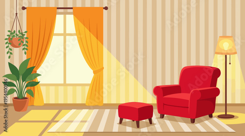 A cozy and inviting living room interior with a red armchair, ottoman, floor lamp, and potted plants, illuminated by warm sunlight streaming through orange curtains.