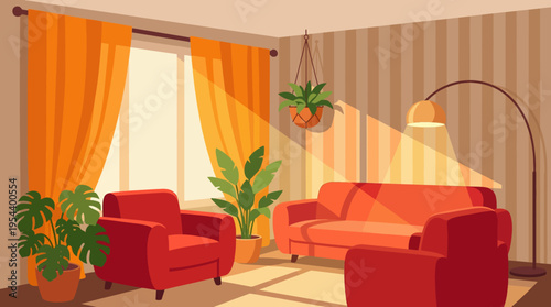 A cozy and sunlit living room with red furniture, orange curtains, and lush green potted plants, creating a warm and inviting interior space.