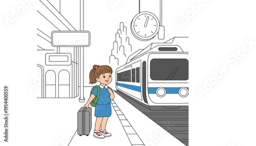 Train station illustration with a little girl waiting for her train