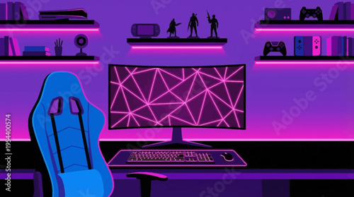Vibrant neon-lit gaming room setup with curved monitor, ergonomic chair, and shelves displaying controllers and figurines.