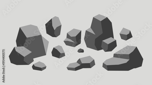 A collection of grey polygonal rocks and stones scattered on a light background, depicted in a geometric, low-poly style.