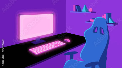A neon-lit gaming setup with a glowing pink monitor, keyboard, and mouse on a dark desk, accompanied by a blue gaming chair in a purple room.