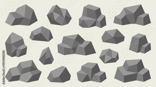 A collection of various grey polygonal rocks and stones with sharp edges, depicted in a stylized graphic manner on a light background.