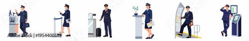 Collection of airline pilot characters in uniform performing various tasks at the airport and on an aircraft, flat vector illustration set