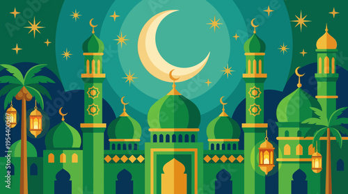 A vibrant illustration of a mosque at night with a large crescent moon, stars, and palm trees, depicting an Islamic celebration.