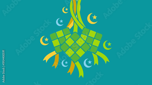 A vibrant illustration of traditional ketupat rice cakes with crescent moons and ribbons, symbolizing Eid al-Fitr celebrations.