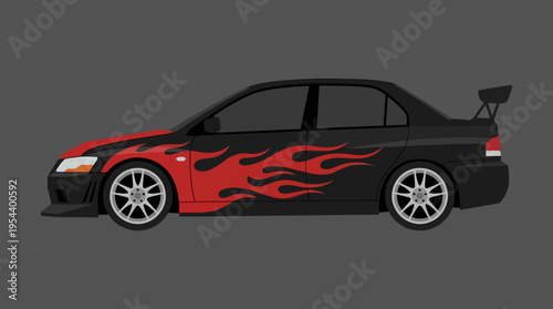 Side view of a black sports sedan with vibrant red flame decals and a rear spoiler on a solid grey background, showcasing custom automotive design.