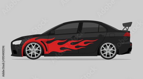 Side view of a black sports sedan with red flame decals and a rear spoiler, illustrated in a flat design style.